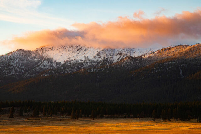 Thompson Peak Morn Dramatic mountain landscape photograph of Thompson Peak along the Plumas–Lassen County line in Northern California, captured just after sunrise following a November storm. Low clouds drift across the snow-covered summit, glowing with warm golden tones from the early morning sun. The soft light of golden hour contrasts beautifully with the cool shadows of the forested slopes below, creating depth and atmosphere. This fine art image captures the fleeting mood of calm after the storm—where light, mist, and mountain textures converge in a perfect display of Sierra Nevada serenity.