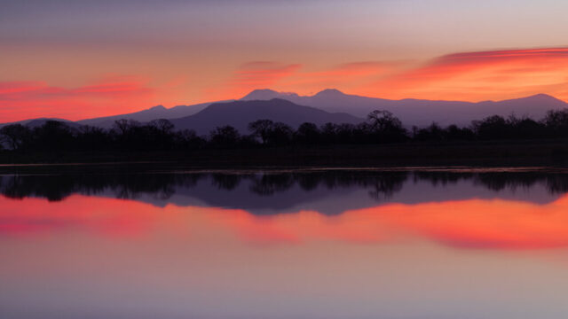 Peaceful dawn landscape photograph captured at Hog Lake in the Sacramento Riverbend area near Red Bluff, California. The image showcases the tranquil stillness of the lake as it mirrors the vivid pink, orange, and violet tones of sunrise spreading across the sky. Silhouetted trees line the far shore, while soft atmospheric haze layers the distant mountains, revealing the distinct forms of Mount Lassen and Chaos Crags in the background. The glasslike reflection and pastel gradients create a sense of calm and balance, capturing the quiet beauty of a Northern California morning at the edge of Lassen Volcanic country.
