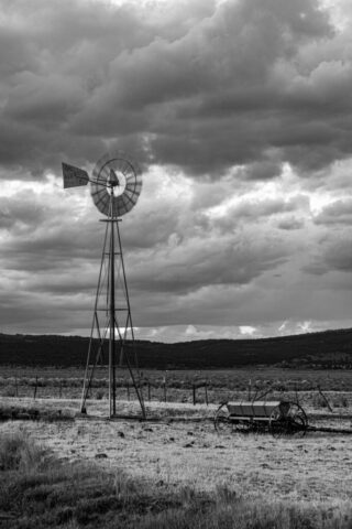 Madeline Aermotor Monochrome A classic black and white photograph of an old Aermotor windmill standing tall in a wide-open field south of Madeline in Lassen County, California. The timeless steel structure rises against a dramatic sky filled with layered storm clouds, its weathered blades still turning to draw water for the cattle that graze the surrounding ranchland. The composition captures the enduring strength and purpose of this rural landmark, symbolizing the quiet perseverance of life in northern California’s high desert ranch country.