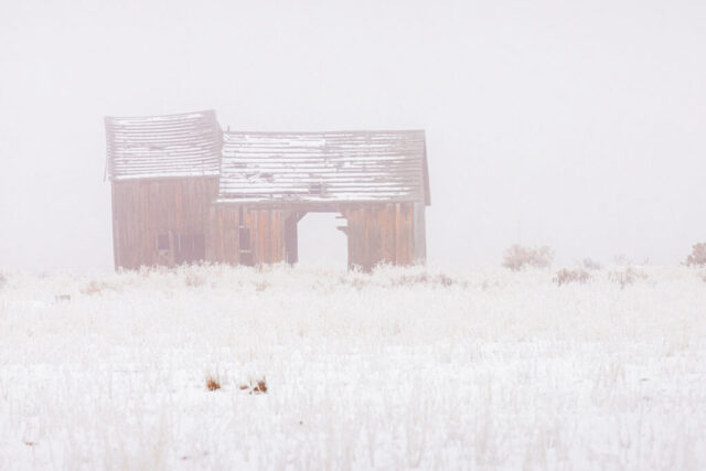 Old Barn in the Fog A beautifully minimalist winter photograph of a weathered old barn standing in the freezing fog of Honey Lake Valley near Janesville, California. The faint sunlight diffused through the mist softens the tones of the snow-dusted roof and the barn’s aged wooden boards, creating an ethereal, almost ghostly atmosphere. Surrounded by frost-coated grass and muted white haze, the timeless structure seems to emerge from the fog as a quiet monument to Lassen County’s rural past. This serene image captures both the solitude and enduring strength of an old barn in winter’s stillness.