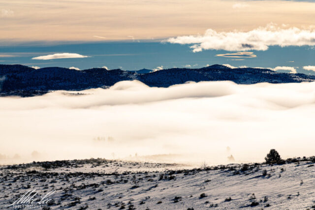 Fog-filled winter landscape of Willow Creek Valley in Lassen County, California, viewed from above. Thick white fog blankets the valley floor beneath dark, snow-dusted hills, while soft sunlight warms the upper clouds with golden and peach tones. Patches of blue sky break through the layered clouds above, contrasting with the pale mist and frosty terrain below. The photograph captures the serene, atmospheric beauty of a cold January morning in the high desert.