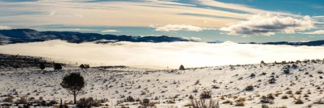 Panoramic winter landscape of Willow Creek Valley in Lassen County, California, viewed from above on a foggy January morning. A thick layer of fog fills the valley floor beneath dark mountain ridges, while warm sunlight casts golden tones across the higher clouds. The snow-dusted foreground slopes gently toward the mist, dotted with sagebrush and small trees. The wide composition emphasizes the vastness of the valley and the dramatic interplay between light, fog, and sky.