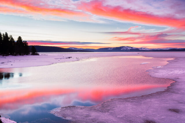 Brilliant winter sunrise photograph taken at Lake Almanor near Chester, California, showing vivid pink, orange, and violet clouds reflecting across a frozen lakeshore. A small channel of open water mirrors the fiery dawn colors, creating a striking contrast against the icy textures and snow-covered landscape. The distant Sierra Nevada foothills and dark evergreen treeline frame the serene scene, while the cool morning air lends a crisp clarity to the light. This fine art image captures the quiet majesty and vibrant beauty of an alpine dawn, where winter’s chill meets the warmth of a glowing sunrise.