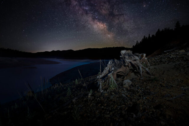Trinity Stump and Stars Nightscape photograph titled “Trinity Stump and Stars,” featuring a weathered tree stump illuminated under the glowing core of the Milky Way at Trinity Lake in Trinity County, California. Captured using a multi-exposure technique, the image combines a blue-hour foreground shot for subtle lake illumination with stacked sky frames taken during full astronomical darkness. The stump, sculpted by time and water, is light painted with a flashlight to reveal its intricate textures, anchoring the scene against the vast celestial sweep above. The Milky Way stretches diagonally across the sky in tones of gold, rose, and indigo, reflecting the harmony between Earth’s quiet remnants and the infinite expanse of the night sky.