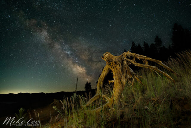 Galactic Stump Nightscape photograph titled “Galactic Stump,” featuring a weathered tree stump illuminated against the glowing arc of the Milky Way at Trinity Lake (also known as Clair Engle Lake) in Trinity County, California. The twisted, sculptural form of the stump appears to lean toward the galactic core, its textures highlighted through careful light painting with a flashlight. Behind it, the night sky bursts with detail — dense star fields, faint nebulae, and the golden band of the Milky Way stretching above the horizon. This long-exposure astrophotography composition blends artistry and astronomy, showcasing the harmony between Earth’s natural forms and the vast celestial expanse.