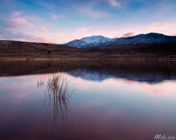 Shugru Serenity Tranquil landscape photograph of Sugru Reservoir near Janesville, California, showing the calm reflective waters beneath a soft pastel sunset. Snow-dusted Thompson Peak rises in the distance, framed by the rolling brown hills of the Honey Lake Valley. Wisps of pink and blue clouds stretch across the sky, mirrored in the glasslike surface of the reservoir, while delicate reeds add subtle texture in the foreground. Captured in the Sugru Wildlife Area, this fine art image highlights the unexpected serenity found near the most unassuming places, blending natural beauty, stillness, and gentle evening light in a peaceful Sierra Nevada foothill setting.