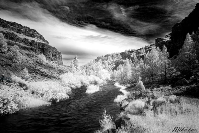 South Fork Pit River Infrared Infrared black and white landscape photograph of the South Fork of the Pit River between Jess Valley and Likely in Modoc County, Northern California. Captured using a deep infrared filter, the image transforms the rugged canyon scenery into a surreal, high-contrast composition where the river’s dark, rippling flow winds through bright, ghostly-white trees and volcanic cliffs. The dramatic cloud formations and tonal contrasts emphasize the stark beauty of this remote stretch of river, which is part of the Pit system—the longest tributary of the Sacramento River. A striking fine art image blending natural history, geology, and timeless monochrome artistry.