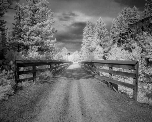 Black and white infrared photograph of an old wooden rail bridge on the Bizz Johnson Trail in Lassen County, California. Captured with an 830nm deep infrared filter on a full spectrum modified camera, the image reveals luminous white foliage and striking cloud formations under late afternoon sunlight. The bridge leads the viewer’s eye into the glowing forest beyond, emphasizing depth, texture, and the ethereal contrast unique to deep infrared landscape photography.