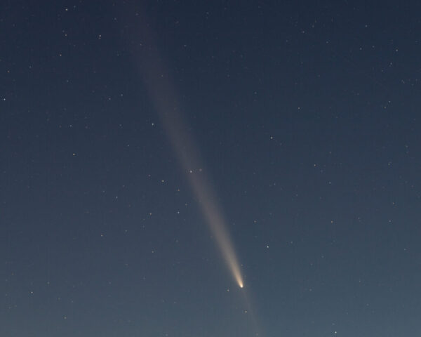 C/2023 A3 Tsuchinshan-ATLAS Close-up astrophotography of comet C/2023 A3 Tsuchinshan-ATLAS, captured on a clear October 2024 night. The telephoto image highlights the comet’s bright nucleus glowing with a warm golden hue and its long, graceful ion and dust tails streaming diagonally across a deep blue star field. Countless pinpoint stars fill the background, emphasizing the comet’s motion and luminosity against the stillness of space. This high-resolution view reveals subtle color gradations within the tail and showcases the fine structure of the coma, capturing the celestial beauty and dynamic presence of one of the most striking comets of 2024.