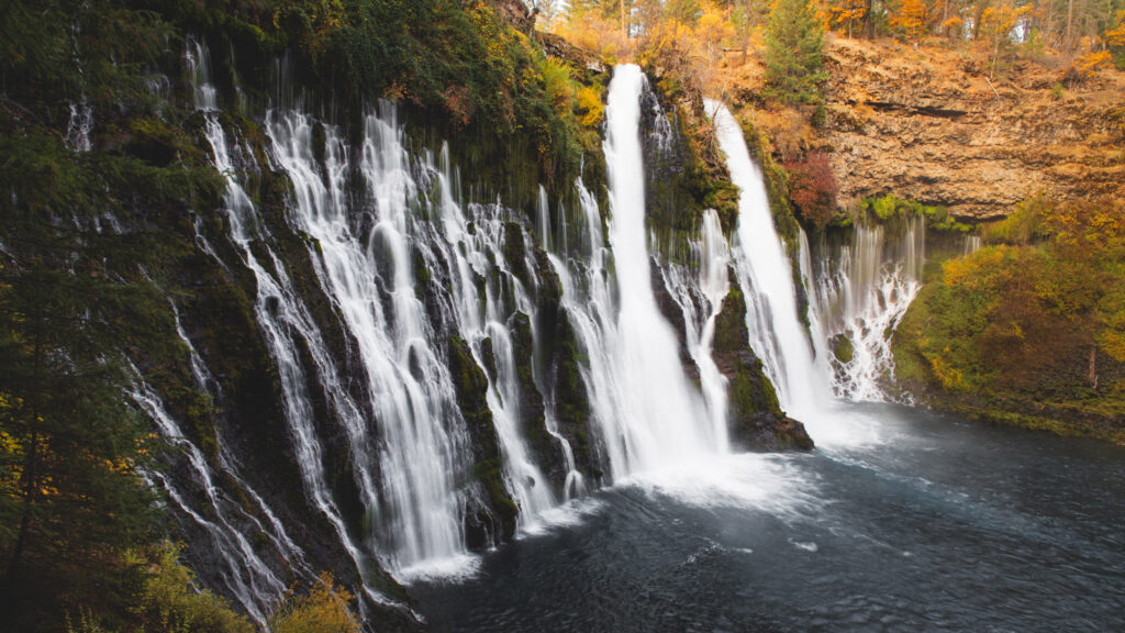 Fine art landscape photograph of Burney Falls in McArthur-Burney Falls Memorial State Park, Shasta County, Northern California, captured on a crisp autumn morning. The image showcases the iconic multi-tiered waterfall cascading over moss-covered basalt cliffs, framed by golden and amber foliage at the height of fall color. Soft dawn light enhances the contrast between the cool, silky flow of the water and the warm tones of the surrounding forest, creating a serene and balanced composition. Often called the “Eighth Wonder of the World,” Burney Falls is celebrated here in its tranquil seasonal glory — an ideal piece for lovers of waterfalls, autumn landscapes, and the natural beauty of Northern California.