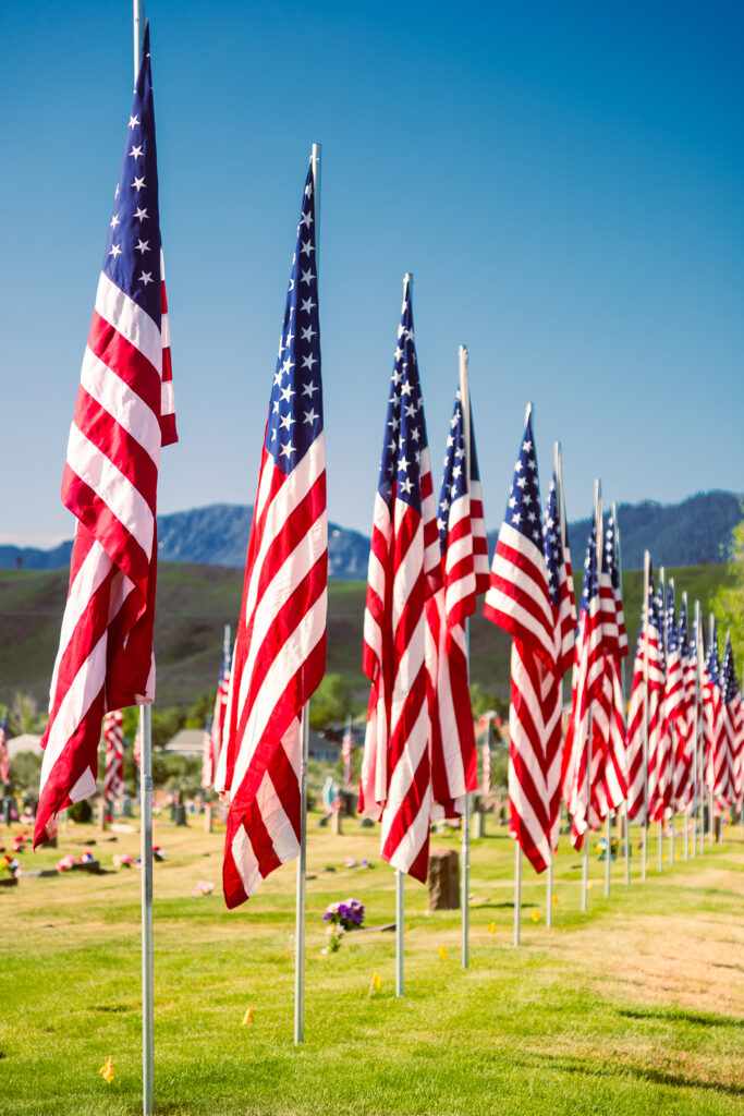 Vertical view of American flags lining Diamond Crest Cemetery in Johnstonville CA during the Avenue of Flags
